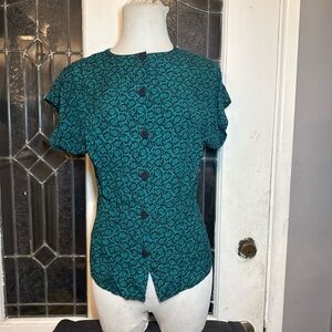 Vintage Componix Teal & Black Button Front Blouse